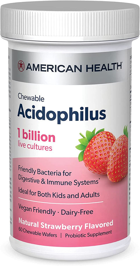 American Health, Chewable Acidophilus (1Billion), Natural Strawberry Flavor 60 Wafers (Cap Damaged)