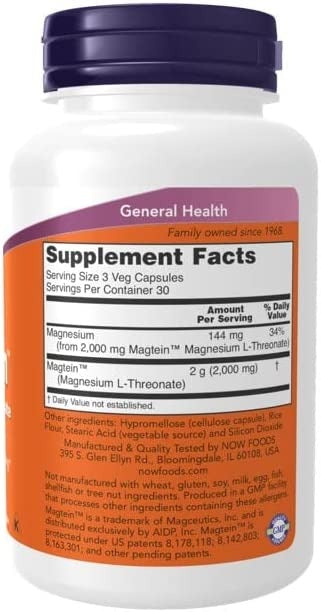 NOW Foods, Magtein, Magnesium L-Threonate, 90 Veg Capsules