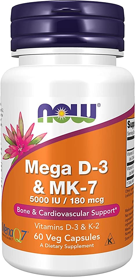 NOW Supplements, Mega D-3 & MK-7 with Vitamins D-3 & K-2, 5,000 IU/180 mcg, 60 Veg Capsules