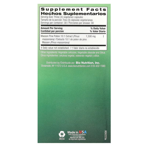 Bio Nutrition Pine Pollen (Pinus Massoniana) 90 Veg Capsules
