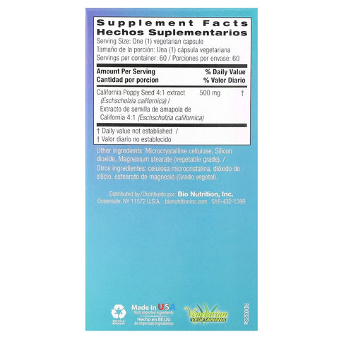 Bio Nutrition California Poppy Seed (Eschscholzia californica) 60 Veg Capsules