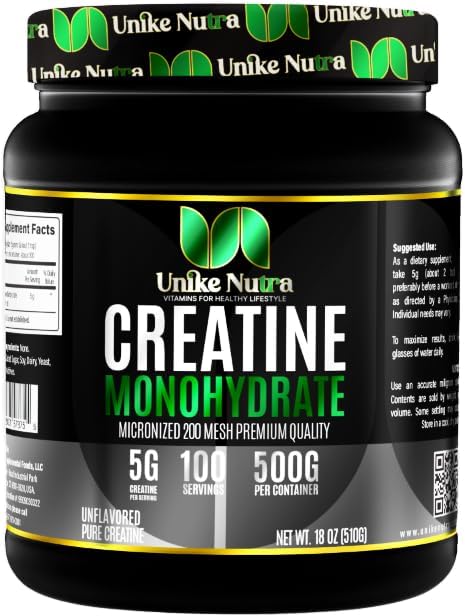 Unike Nutra Brand - Pure Creatine Monohydrate Powder Supplement 500G, 5000mg Per Serv (5g) - 100 Servings