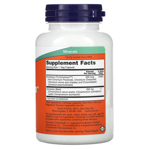 NOW Foods Tri-Chromium 500mcg/Cinnamon, 180 Vcaps