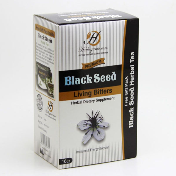 Herboganic Premium Black Seed Living Bitters 16 oz w. Free Black Seed Herbal Tea