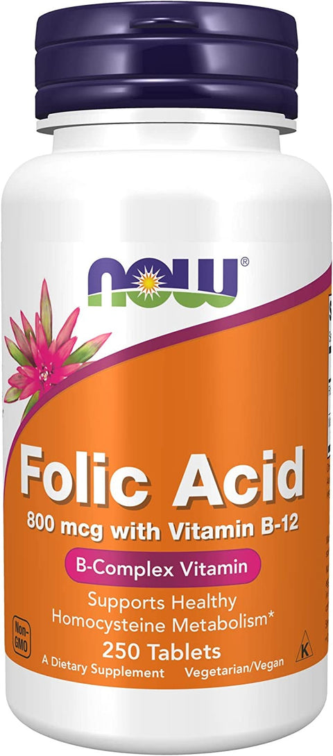 NOW Supplements, Folic Acid 800 mcg + B-12 (Cyanocobalamin) 25 mcg, B Complex Vitamin, 250 Tablets