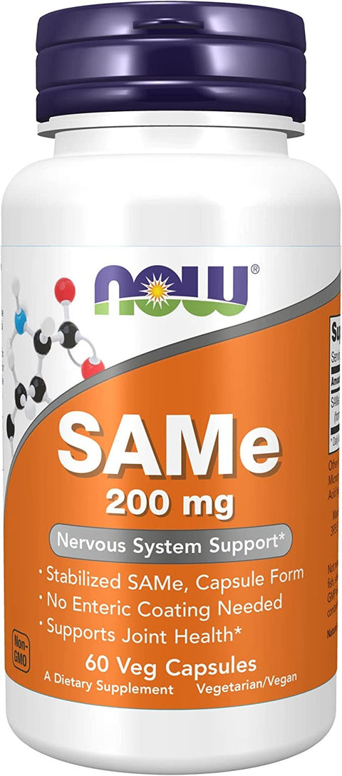 NOW Supplements, SAMe (S-Adenosyl-L-Methionine)200 mg, Nervous System Support*, 60 Veg Capsules