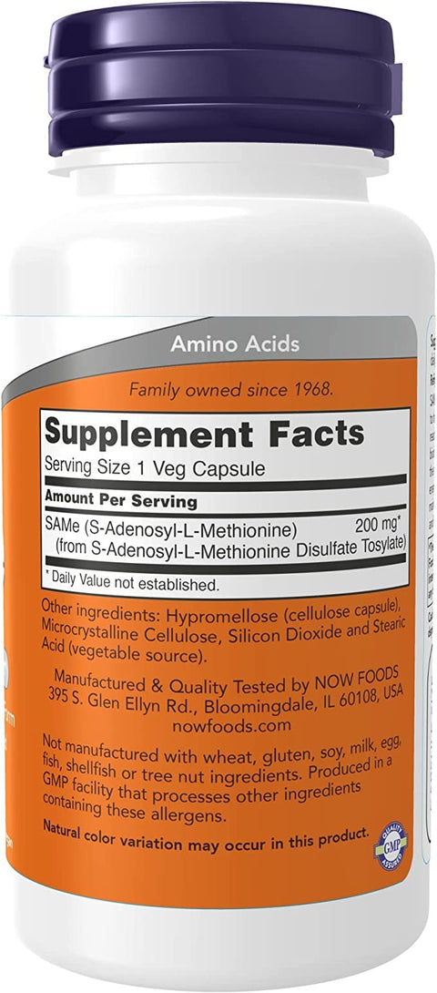 NOW Supplements, SAMe (S-Adenosyl-L-Methionine)200 mg, Nervous System Support*, 60 Veg Capsules