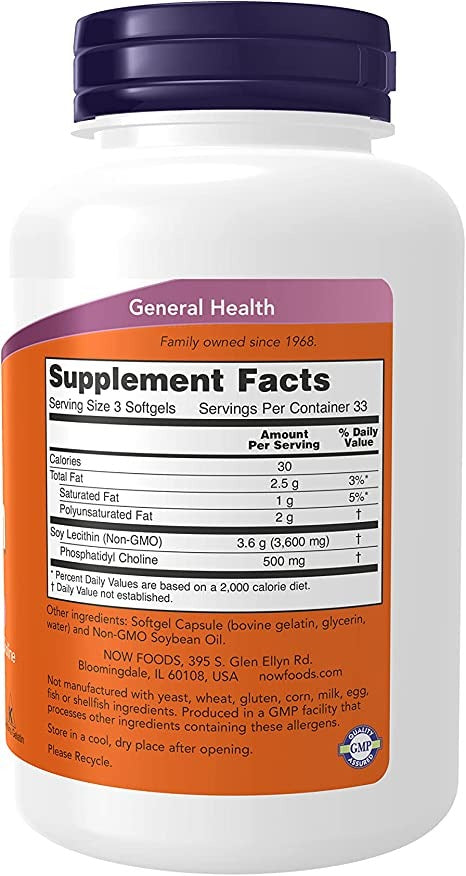 NOW Supplements, Lecithin 1200 mg with naturally occurring Phosphatidyl Choline, 100 Softgels