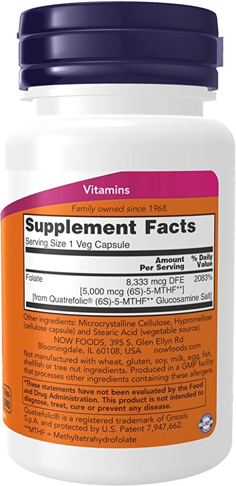 NOW Supplements, Methyl Folate 5000 mcg, Superior Bioavailability, 50 Veg Capsules