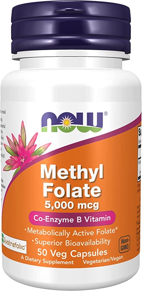 NOW Supplements, Methyl Folate 5000 mcg, Superior Bioavailability, 50 Veg Capsules