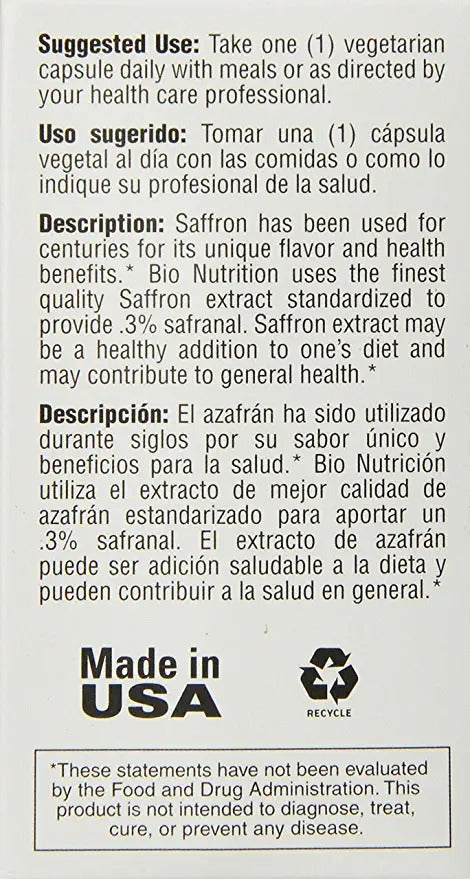 Bio Nutrition Standardized Saffron Vegi-Caps, 50 Count