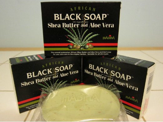 Madina African Black Soap Shea Butter with Aloe Vera (Pack of 3) 3.5oz Each